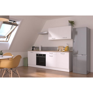 Cuisine en kit ELYA blanc mat et plan de travail imitation chêne clair - L.240cm x P.60cm x Ep.22mm