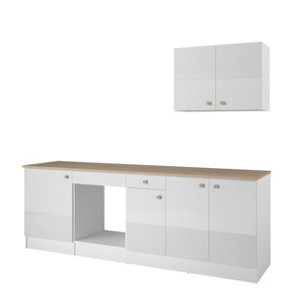 Cuisine en kit blanc brillant avec plan de travail imitation chêne LENA L. 240 cm