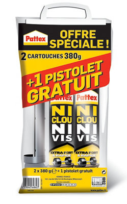 Colle Fixation PATTEX Ni Clou Ni Vis Extra Fort & Rapide 2x380g +?1 Pistolet