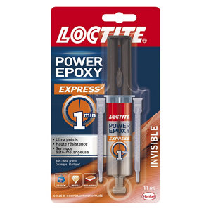 Colle power epoxy express 1 minute, forte et résistante, transparente en tube 11 ml