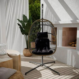 Fauteuil œuf suspendu en acier avec coussin noir - L. 95 x P. 95 x H. 196 cm