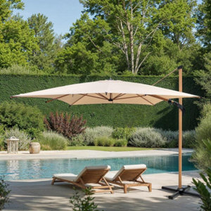 Parasol excentré 4X3M beige acier imitation bois