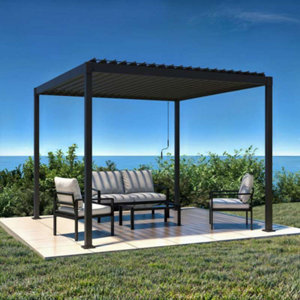 Salon de jardin 4 places en aluminium noir et gris avec coussins et table en verre trempé