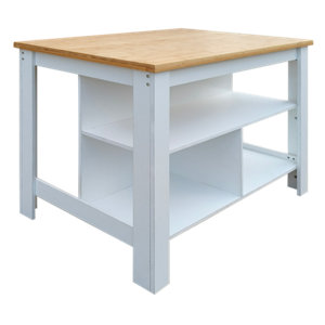 Îlot de cuisine blanc avec étagères et plateau en bambou L. 120 x l. 70 x H. 90 cm