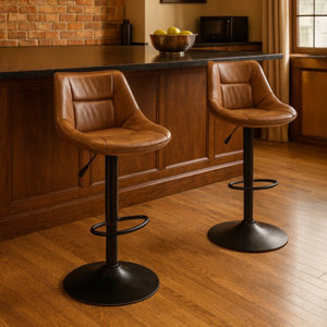 Lot de 2 tabourets de bar réglables effet cuir marron, base acier noire 43x50 cm hauteur 91-111 cm