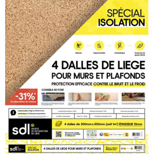 4 dalles de liège murs et plafonds 500 x 500 mm, Ep. 10 mm