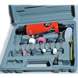 Coffret meuleuse droite avec 2 mandrins Ø 3-6 mm, 5 meules Ø 6 mm, 5 meules Ø 3 mm, 2400 tours/min.