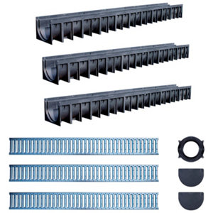 Lot de 3 caniveaux avec grilles galvanisées - Long. 1 m. Larg. 12,1 cm. Haut. 8,4 cm