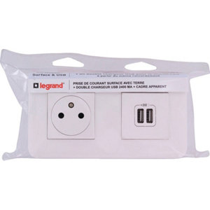 Prise de courant + chargeur 2 USB Mosaic + cadre saillie - 16 A - 250 V