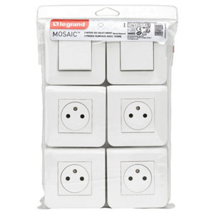 Lot 4 prises avec terre + 2 interrupteurs va-et-vient "Surface Mosaic" blanc