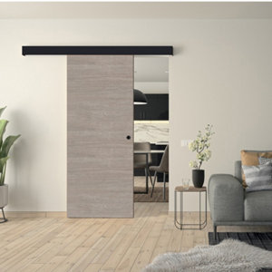 Kit porte coulissante aspect bois H.204 x L.83 + rail aluminium/MDF noir 160cm OPTIMUM