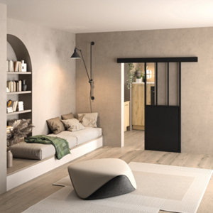 Porte coulissante atelier noir semi-vitrée 83 cm OPTIMUM