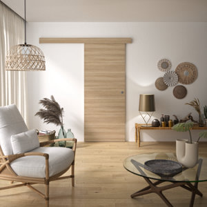 Kit porte coulissante MDF chêne miel 204x83 cm avec rail aluminium