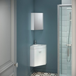 Lave mains d'angle blanc laqué avec poignée en aluminium brossé L.40 x H.56 x P.40 cm