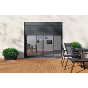 Baie aluminium coulissante grise + volet roulant motorisé haut. 215 x larg. 240 cm