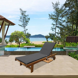 Bain de soleil bois, coussin gris - L. 2 m x l. 71 cm x H. 36 à 89 cm environ