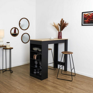Tabouret de bar assise en bois d'acacia et structure métal noir 42x42x70 cm