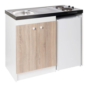Cuisinette électrique blanche porte couleur chêne (évier, 2 feux et réfrigérateur) - H.96,5 x L.120 x l.60 cm