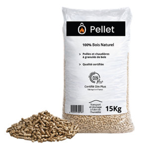 Granulés de bois 100% bois naturel Din Plus - Sac de 15 Kg, taux d'humidité ≤ 10%