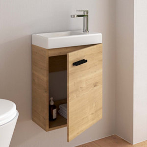 Ensemble meuble lave-mains suspendu AURLANE STAN 40 cm couleur bois + vasque blanche + miroir