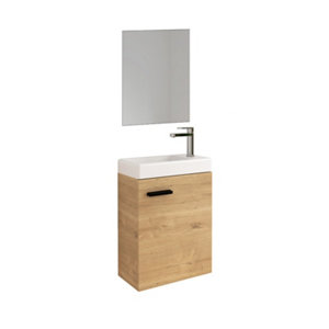 Ensemble meuble lave-mains suspendu AURLANE STAN 40 cm couleur bois + vasque blanche + miroir