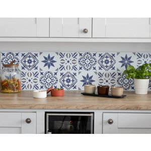 6 dalles murales PVC adhésives blanc, bleu, gris effet carreaux de ciment "NADIA" 15X15 cm