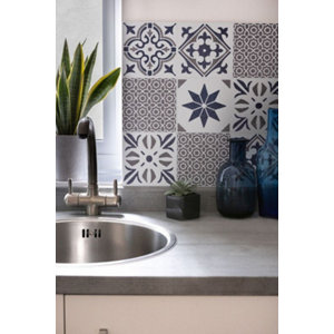 6 dalles murales PVC adhésives blanc, bleu, gris effet carreaux de ciment "CUBIA" 15X15 cm