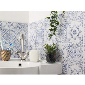 6 dalles murales PVC adhésives bleu et blanc effet carreaux de ciment "VINTAGE STYLE" 30X30 cm