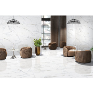 Carrelage sol intérieur grès cérame poli rectifié marbre blanc et or 60 x 120 cm