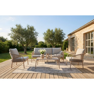 Salon de jardin 5 places structure acier imitation bois coussins beige