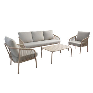 Salon de jardin 5 places structure acier imitation bois coussins beige