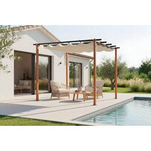 Pergola 300 x 300 cm toile coulissante beige structure aluminium effet bois
