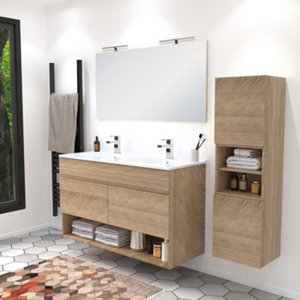 Ensemble meuble + double vasque + miroir simple L. 120 cm "Alba" imitation bois