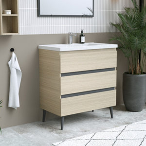 Meuble sous vasque a poser decor bois clair/gris "style" l.80 x h.86 x p.45 cm