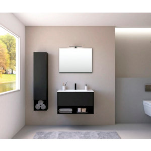 Ensemble meuble, plan vasque et miroir LED noir "LYRA" 80 CM