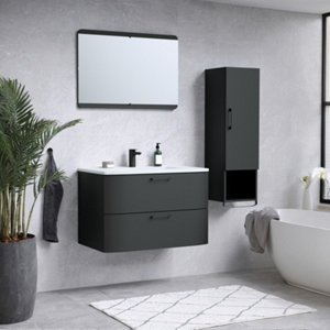Ensemble meuble sous vasque + plan vasque + miroir "BOW" 80 cm noir