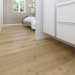 Sol stratifié à clipser aspect chêne  "Cahuita" compatible pièces humides - L. 128,5 x l. 19,2 cm x Ép. 8 mm.