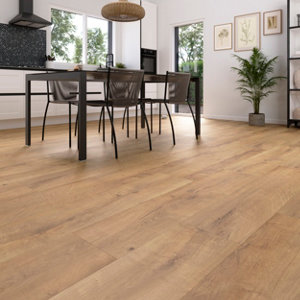 Sol stratifié à clipser aspect mat  chêne "Feticeira" compatible pièces humides - L. 128,5 x l. 28 cm x Ép. 8 mm