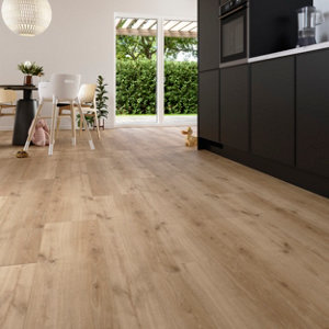 Sol stratifié à clipser aspect mat miel "Mamaia" compatible pièces humides - L. 128,5 x l. 19,2 cm x Ép. 8 mm