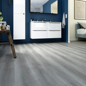 Sol stratifié à clipser aspect mat gris "Horeshoe" compatible pièces humides - L. 128,5 x l. 19,2 cm x Ép. 8 mm