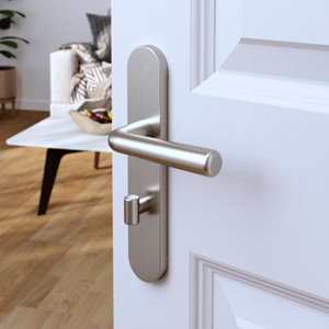 Poignée de porte "Derenic" avec serrure à condamnation - Effet nickel - Entraxe adaptable 165-195 mm