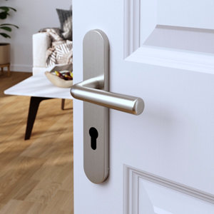 Poignée de porte "Derenic" avec trou pour cylindre - Effet nickel - Entraxe adaptable 165-195 mm