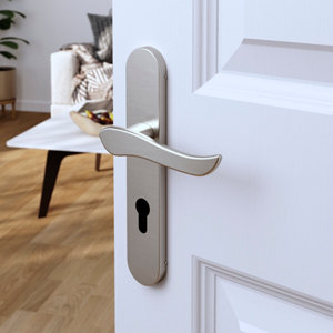 Poignée de porte "Arcles" avec trou pour cylindre - Effet nickel - Entraxe adaptable 165-195 mm