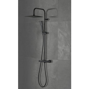 Colonne de douche thermostatique DINT noire, avec barre inox, pomme, douchette et flexible