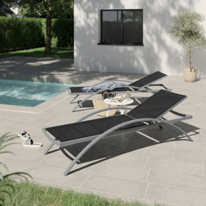 Lot de 2 bains de soleil "Kerica" gris et noir - Dim. L. 189 x l. 63 x H. 42 cm