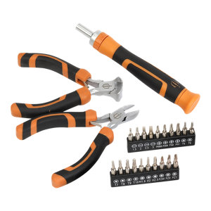 Lot de 2 mini pinces, 20 embouts de précision et 1 tournevis à cliquet