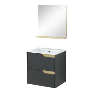 Ensemble meuble salle de bain suspendu noir avec vasque et miroir TOLIMA 60 cm