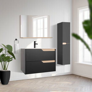 Ensemble meuble salle de bain suspendu noir avec vasque et miroir TOLIMA 80 cm