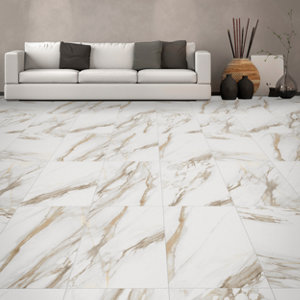 Carrelage de sol intérieur grès cérame émaillé, blanc effet marbre  "Cave" - 30,5 X 61,3 cm.Ep.7,4 mm