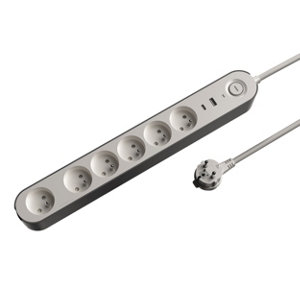Bloc 6 prises 1,5 m gris et blanc USB A + C
